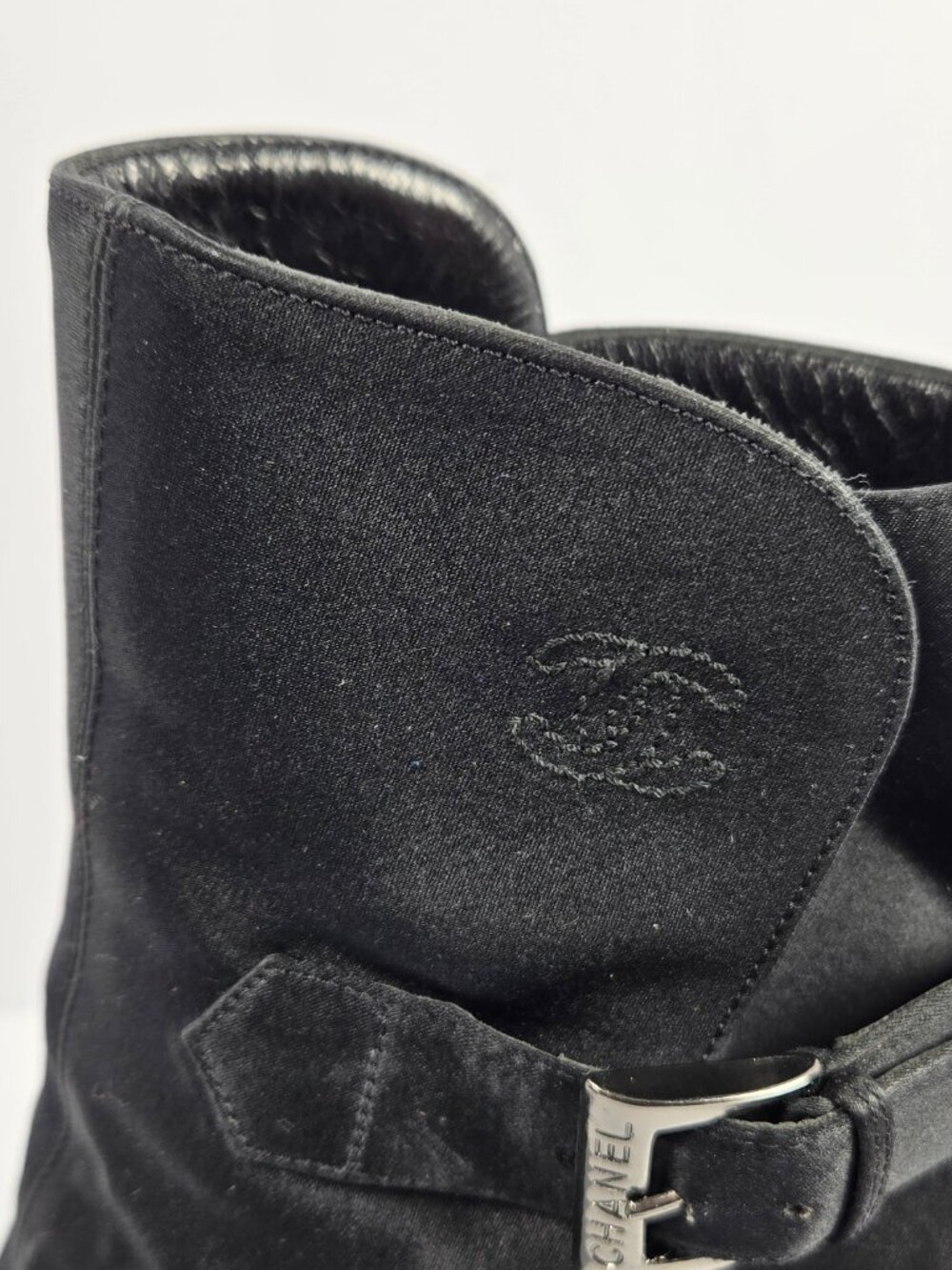 Chanel Vintage Black Satin Ankle Boots Block Heel Buckle Square Toe CC Logo - Picture 4 of 6